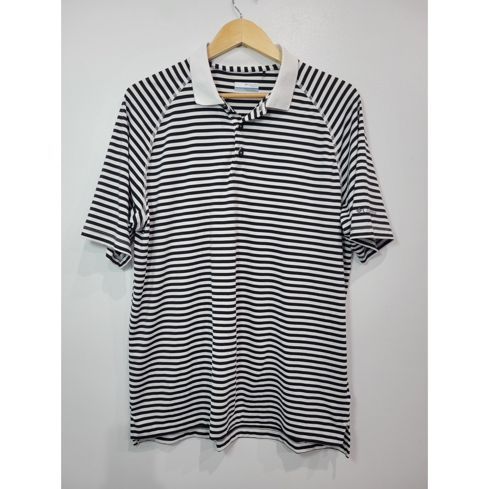 Columbia Golf Mens Large Black White Striped Raglan Short Sleeve Polo Shirt L/G
